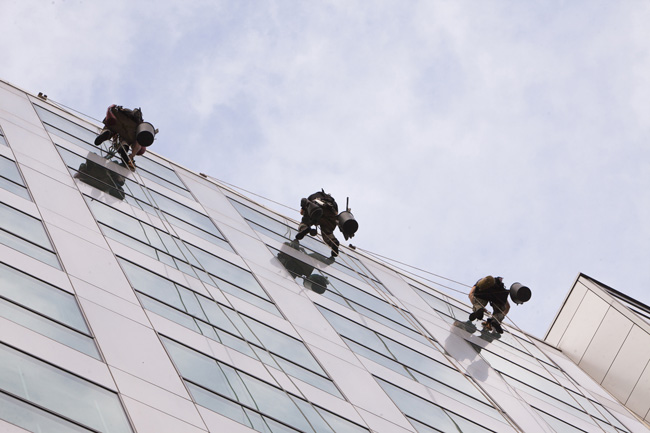 Three workers with harnesses and buckets washing the windows of a building